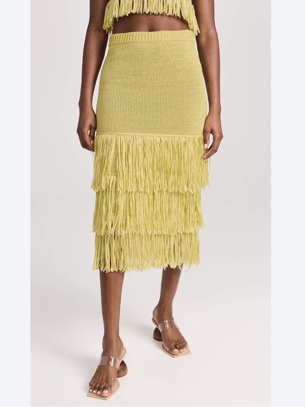 SAYLOR Fringe Tiered Midi Skirt in Chartreuse